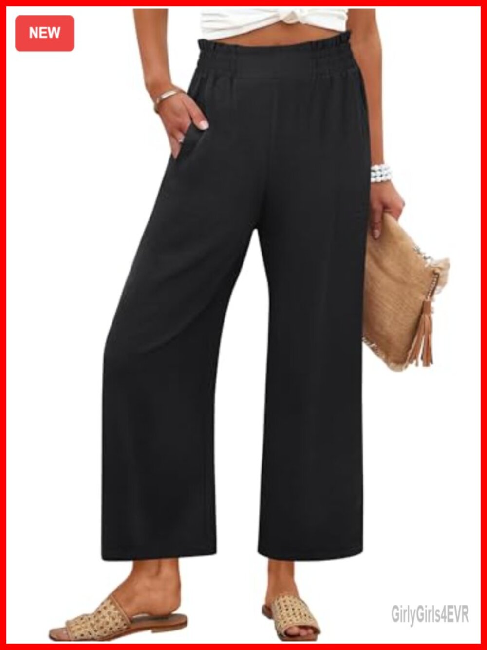 Wide Leg Cropped Palazzo Pants Elastic Waist Pockets
